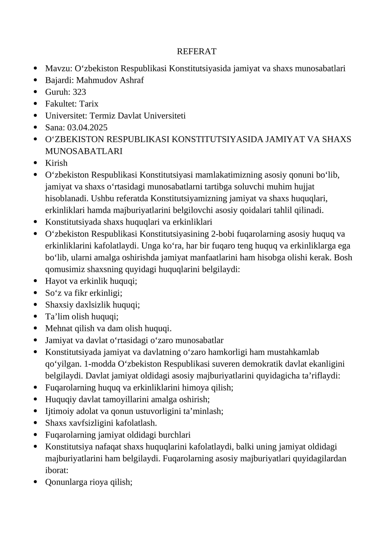 O‘zbekiston Respublikasi Konstitutsiyasida jamiyat va shaxs munosabatlari