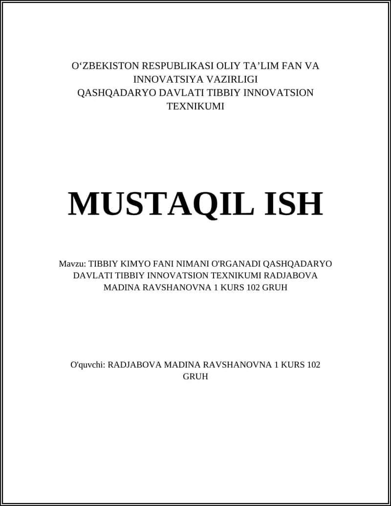 Tibbiy Kimyo Fanining Predmet va O‘quv Maqsadlari