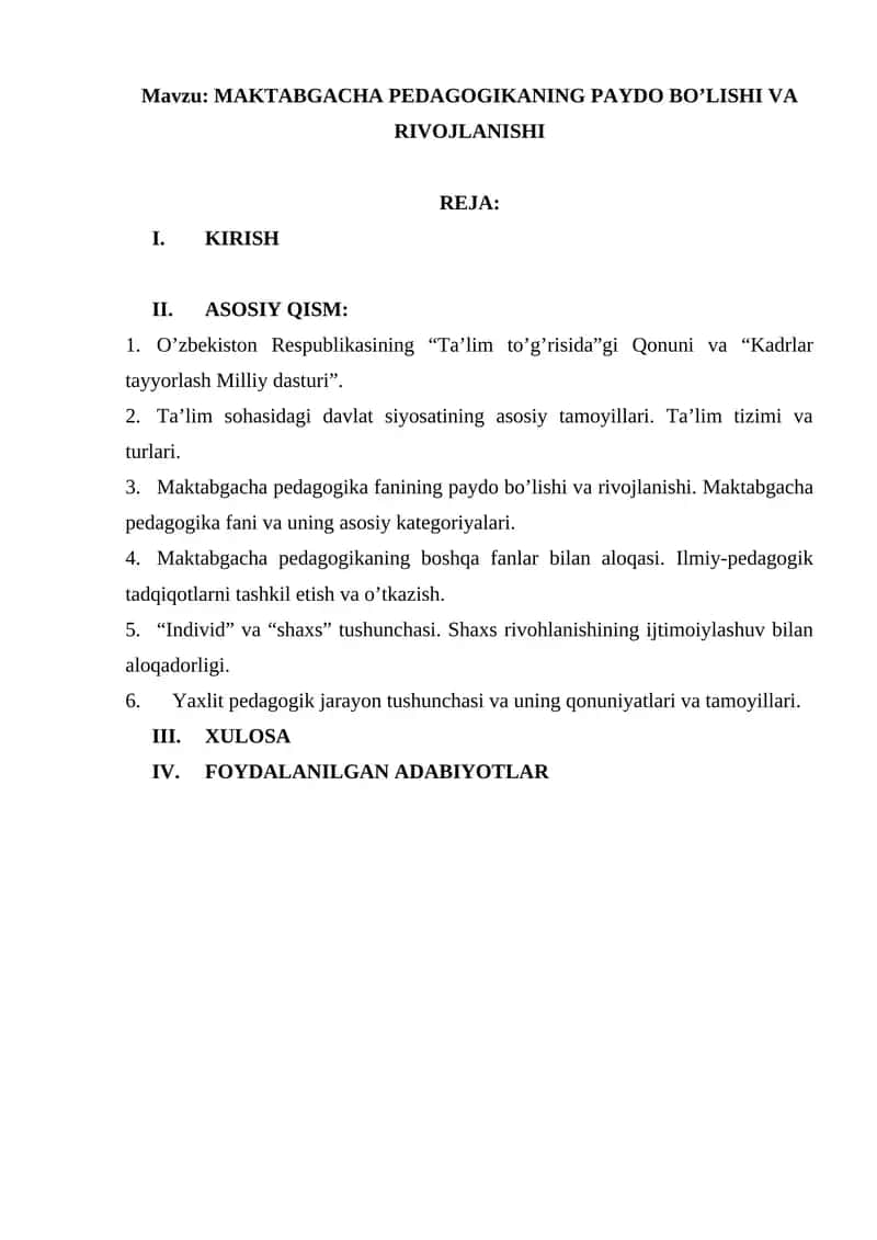 MAKTABGACHA PEDAGOGIKANING PAYDO BO’LISHI VA RIVOJLANISHI