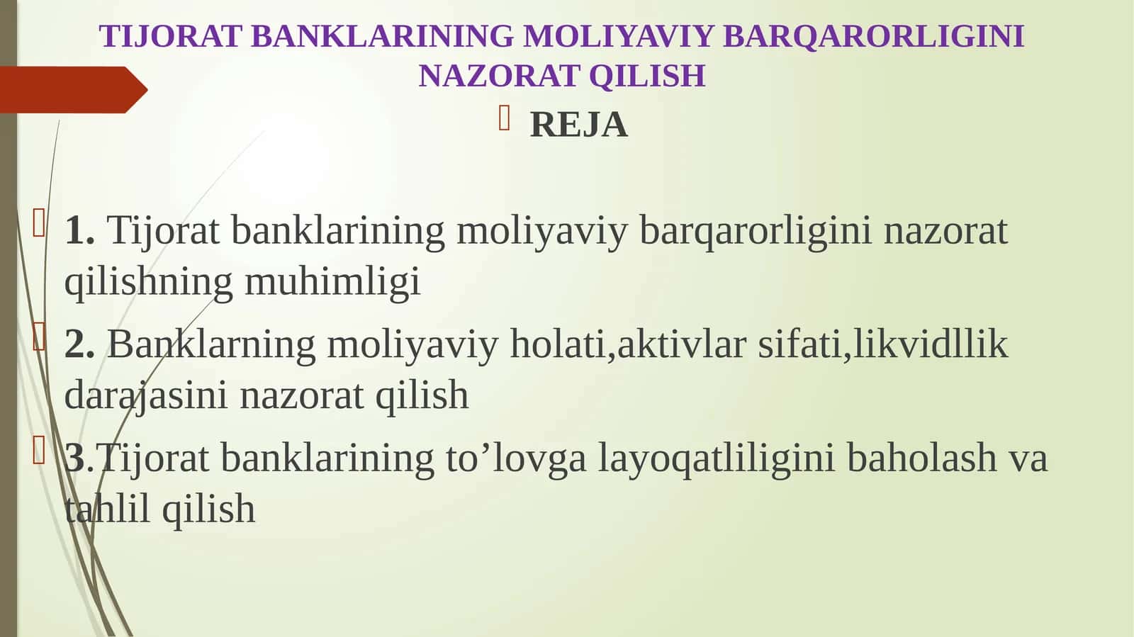 TIJORAT BANKLARINING MOLIYAVIY BARQARORLIGINI NAZORAT QILISH