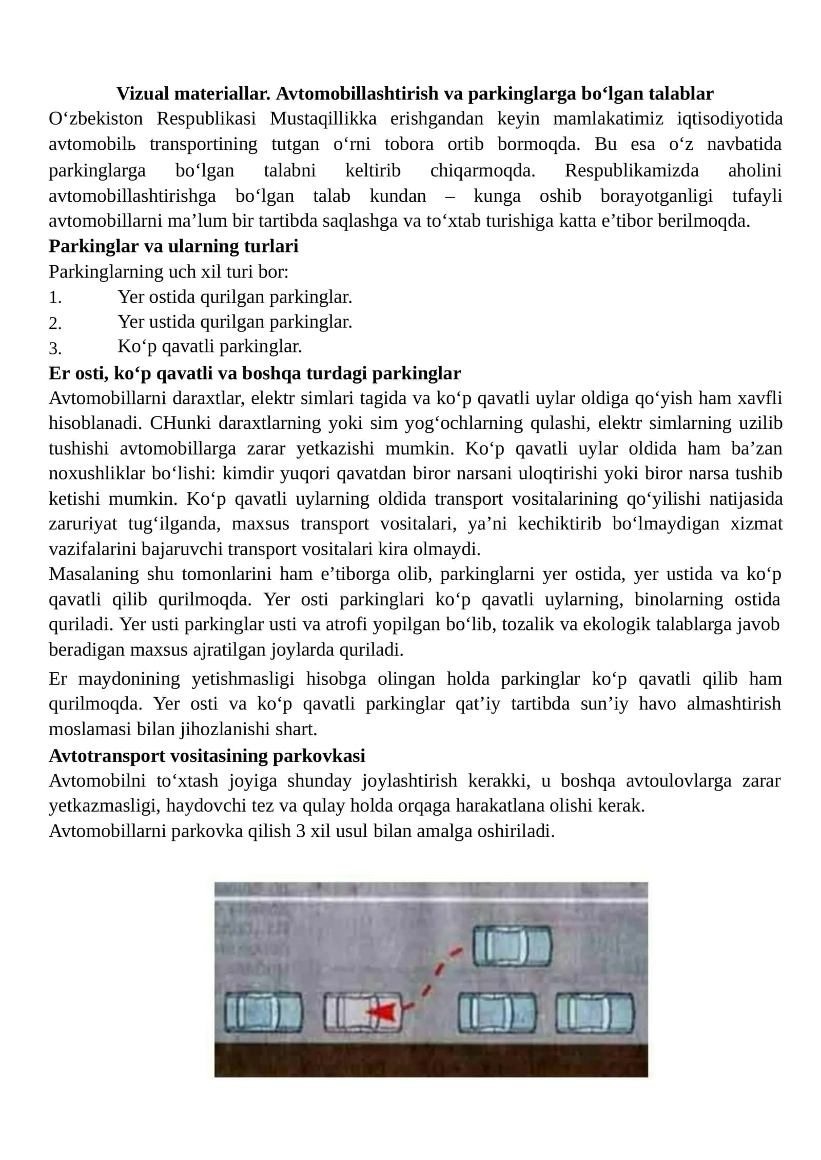 Avtomobillashtirish va parkinglarga bo‘lgan talablar