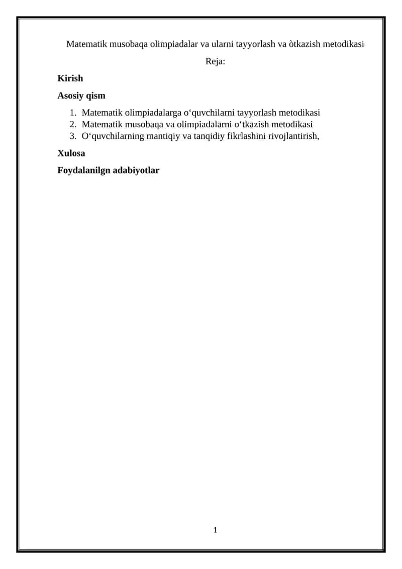 Matematik musobaqa olimpiadalar va ularni tayyorlash va òtkazish metodikasi