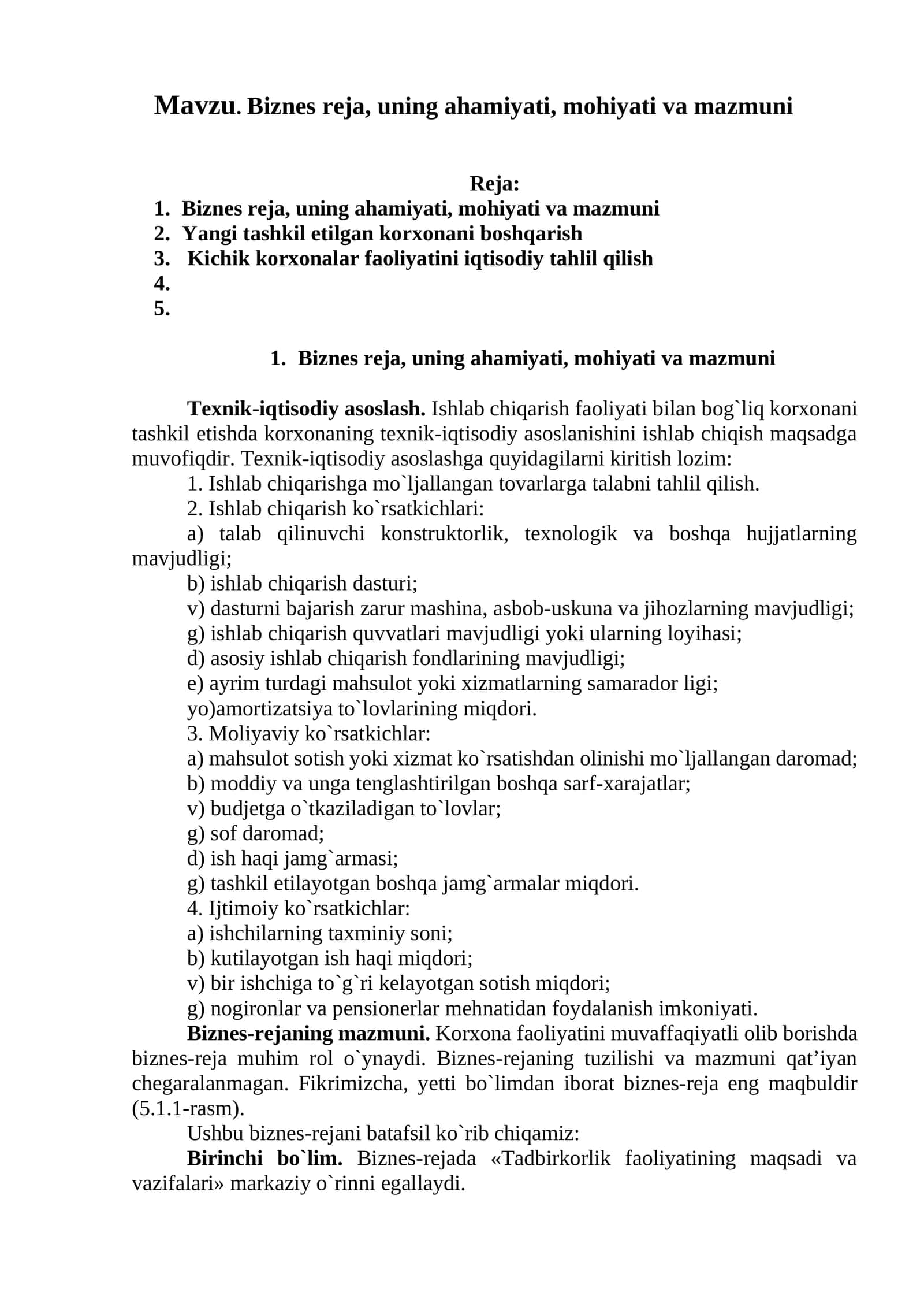 Biznеs rеja, uning ahamiyati, mоhiyati va mazmuni