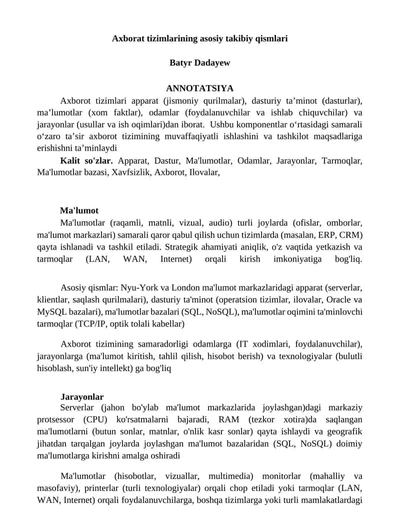 Axborat tizimlarining asosiy takibiy qismlari
