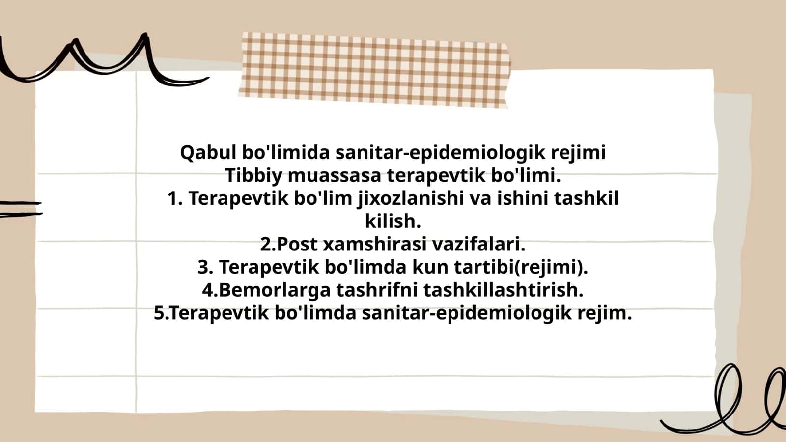 Sanitar-epidemiologik rejim Tibbiy muassasa terapevtik bo'limi