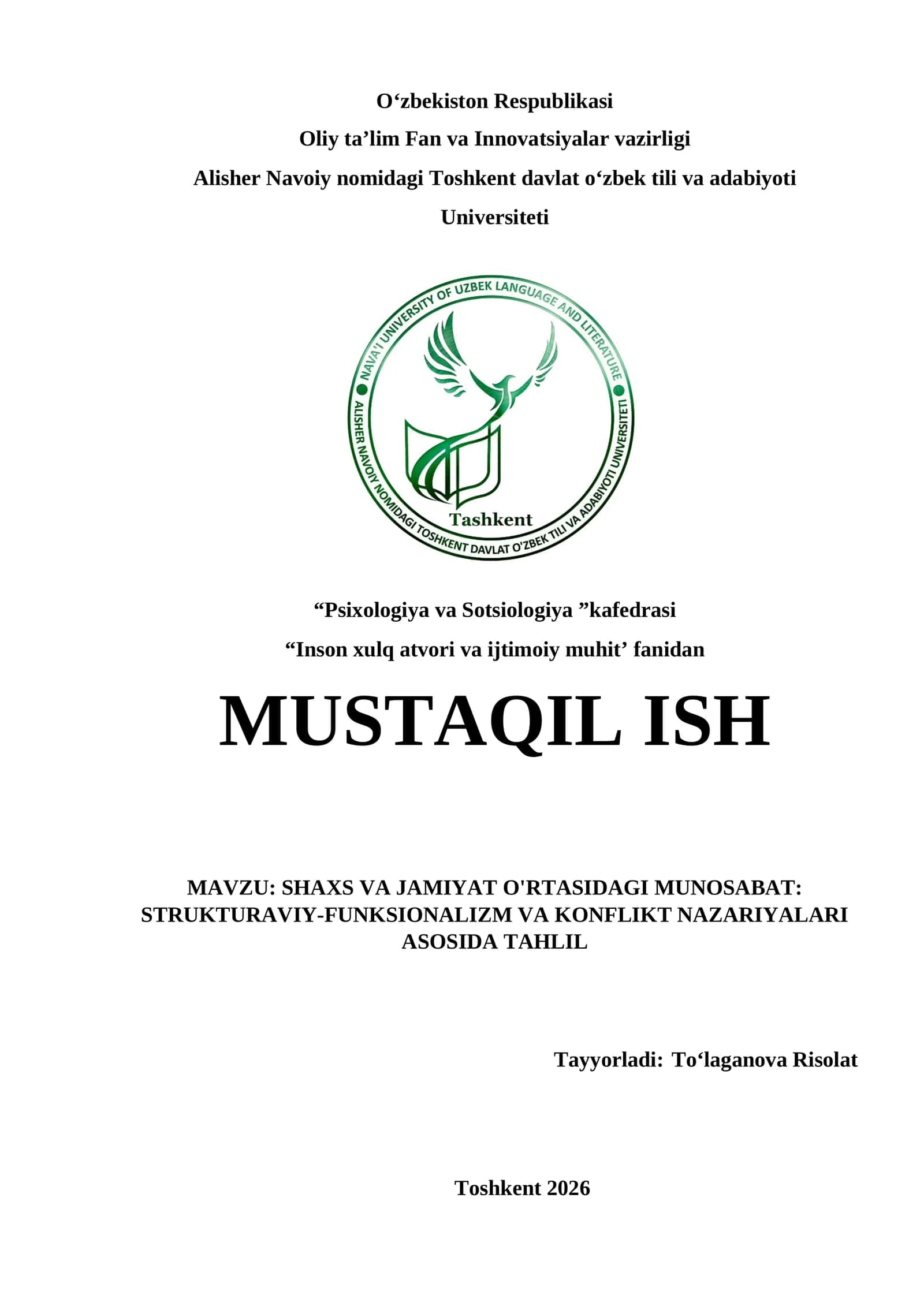 Shaxs va jamiyat o'rtasidagi munosabat strukturaviy-funksionalizm va konflikt nazariyalari asosida tahlil