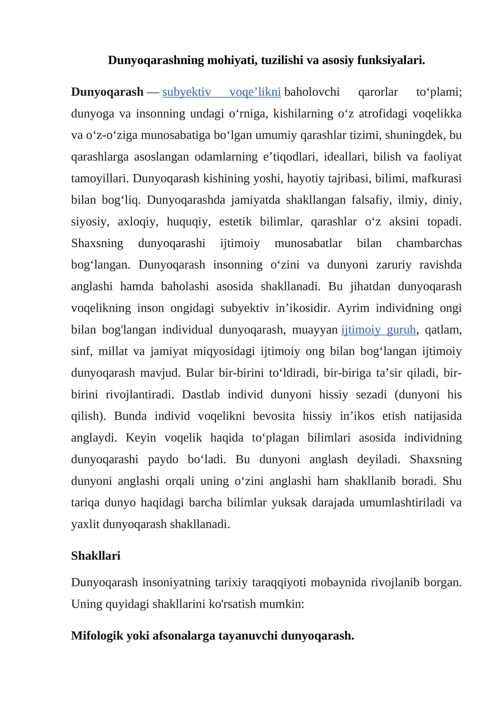 Dunyoqarashning mohiyati, tuzilishi va asosiy funksiyalari