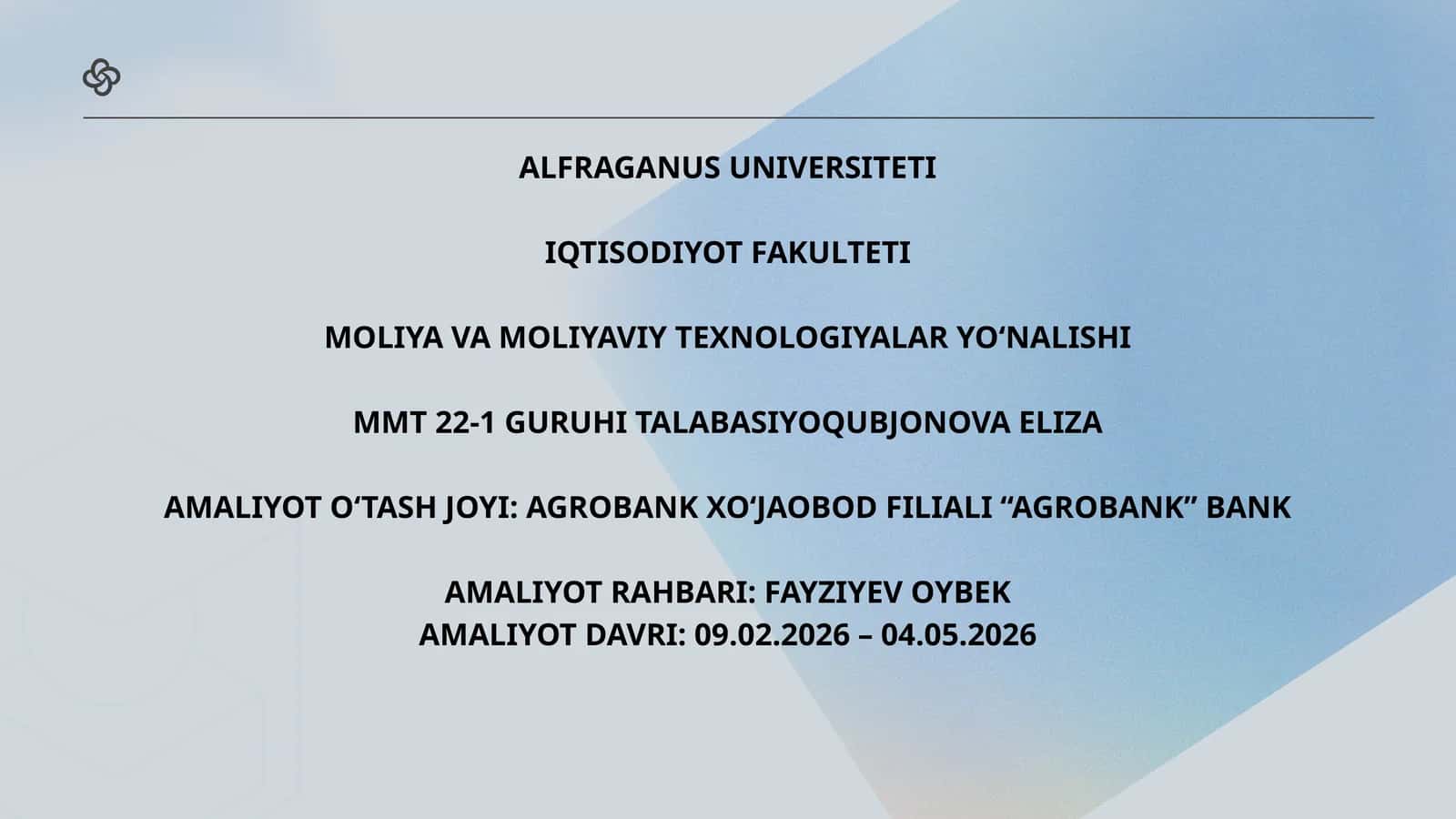 “AGROBANK” BANK AMALIYOT HISOBOTI SLAYTI