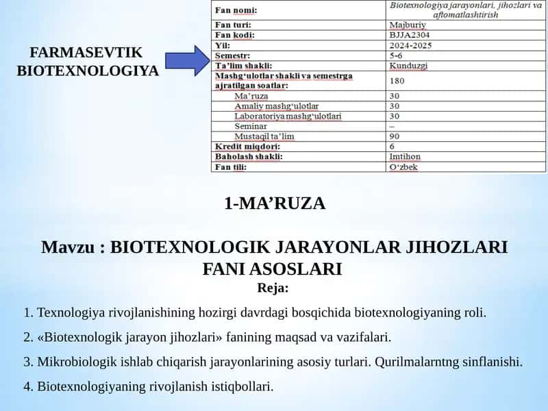 BIOTEXNOLOGIK JARAYONLAR JIHOZLARI FANI ASOSLARI