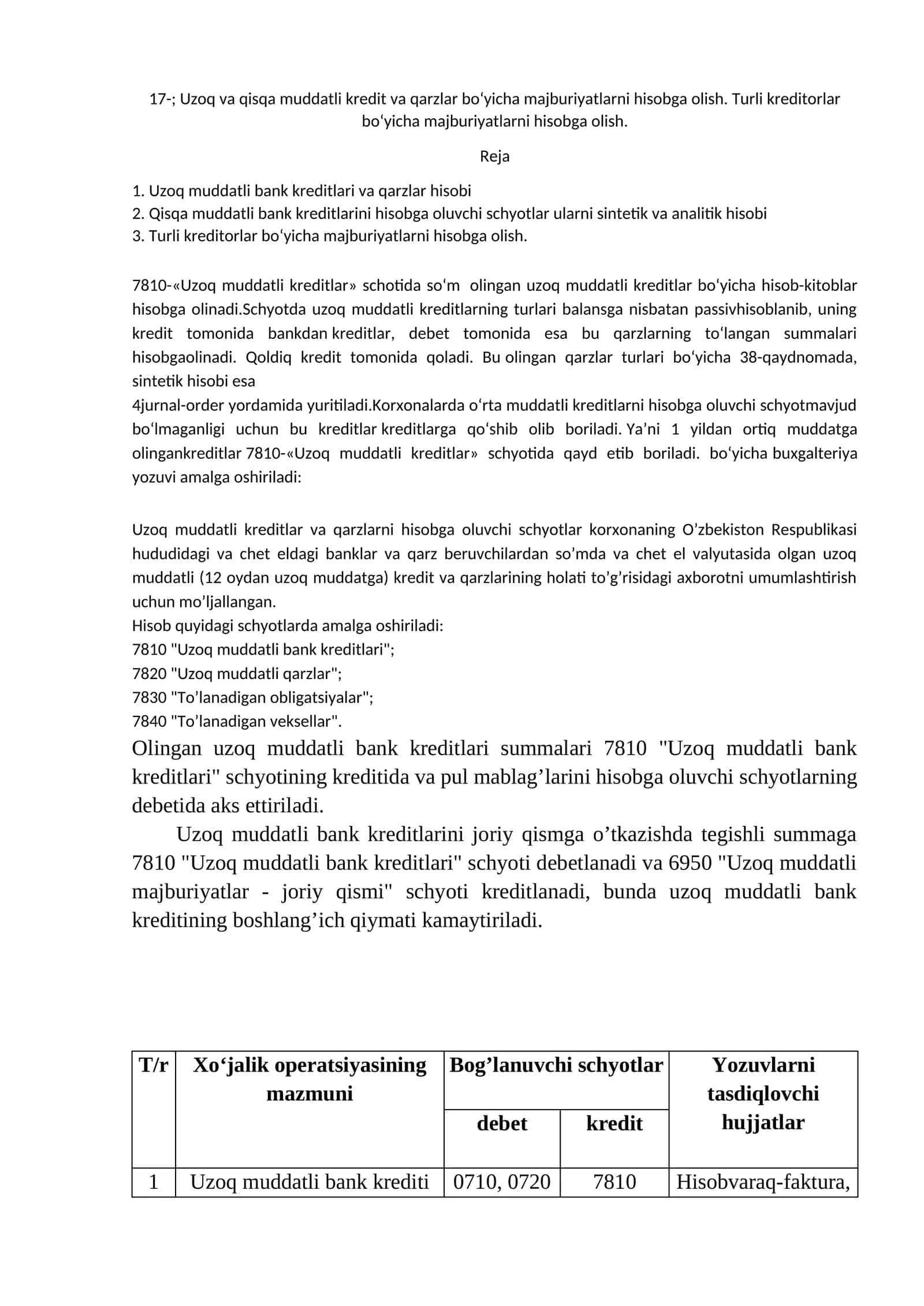 Uzoq va qisqa muddatli kredit va qarzlar bo‘yicha majburiyatlarni hisobga olish. Turli kreditorlar bo‘yicha majburiyatlarni hisobga olish