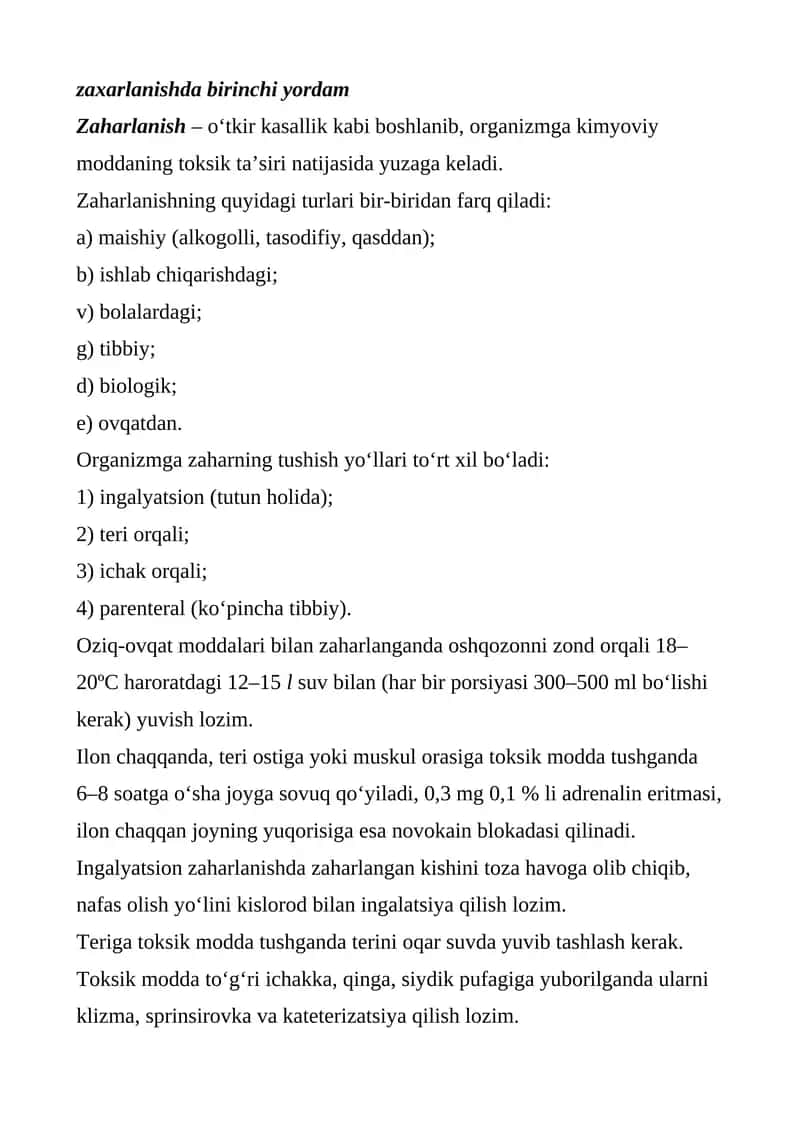 zaharlanishda birinchi yordam