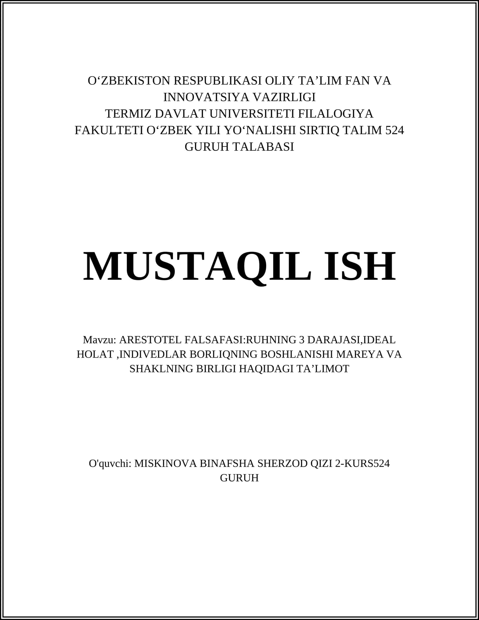 ARESTOTEL FALSAFASI: RUHNING 3 DARAJASI