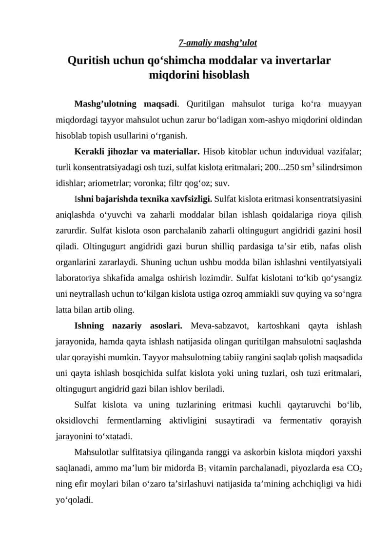 Quritish uchun qo‘shimcha moddalar va invertarlar miqdorini hisoblash