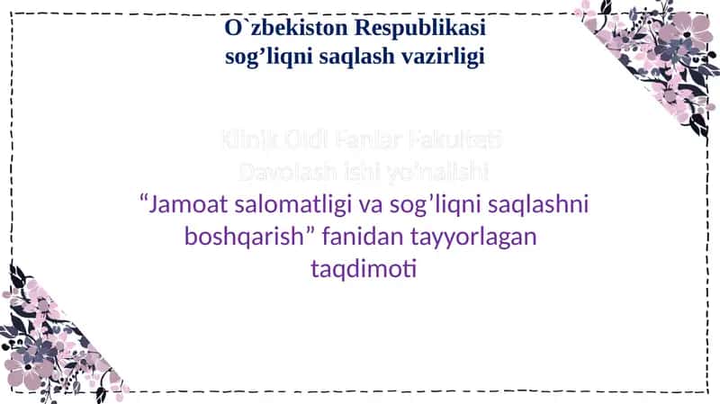 Jamoat salomatligi - Vaqtinchalik va turg'un holatdagi mehnat qobilyatini aniqlashning vrachlik ekspertizasini tashkil etish.