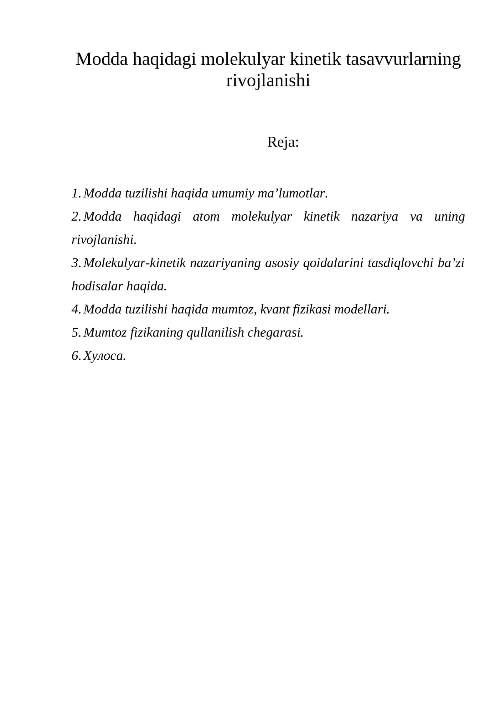 Modda haqidagi molekulyar kinetik tasavvurlarning rivojlanishi