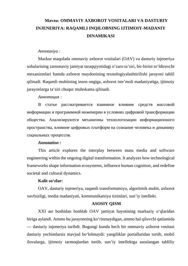 OMMAVIY AXBOROT VOSITALARI VA DASTURIY INJENERIYA: RAQAMLI INQILOBNING IJTIMOIY-MADANIY DINAMIKASI