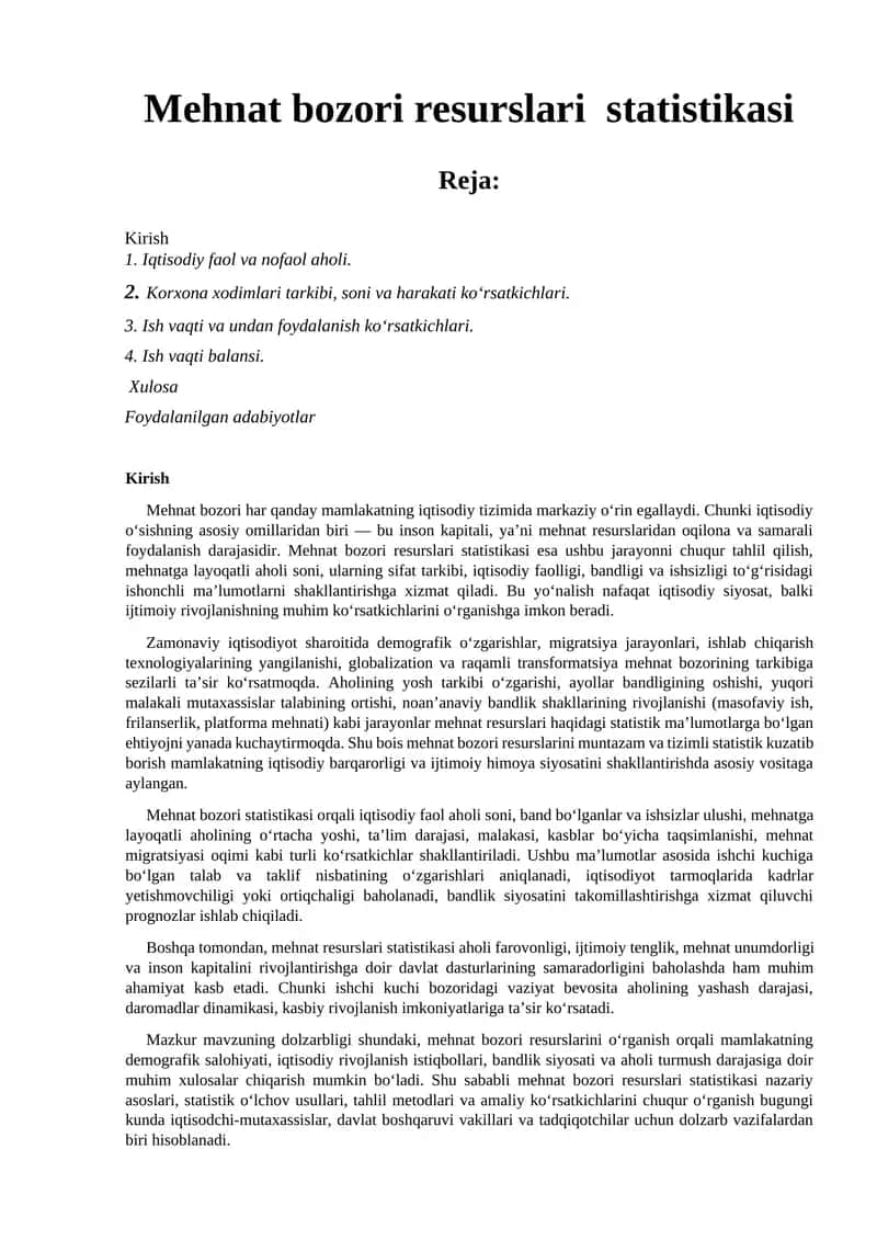 Mehnat bozori resurslari statistikasi
