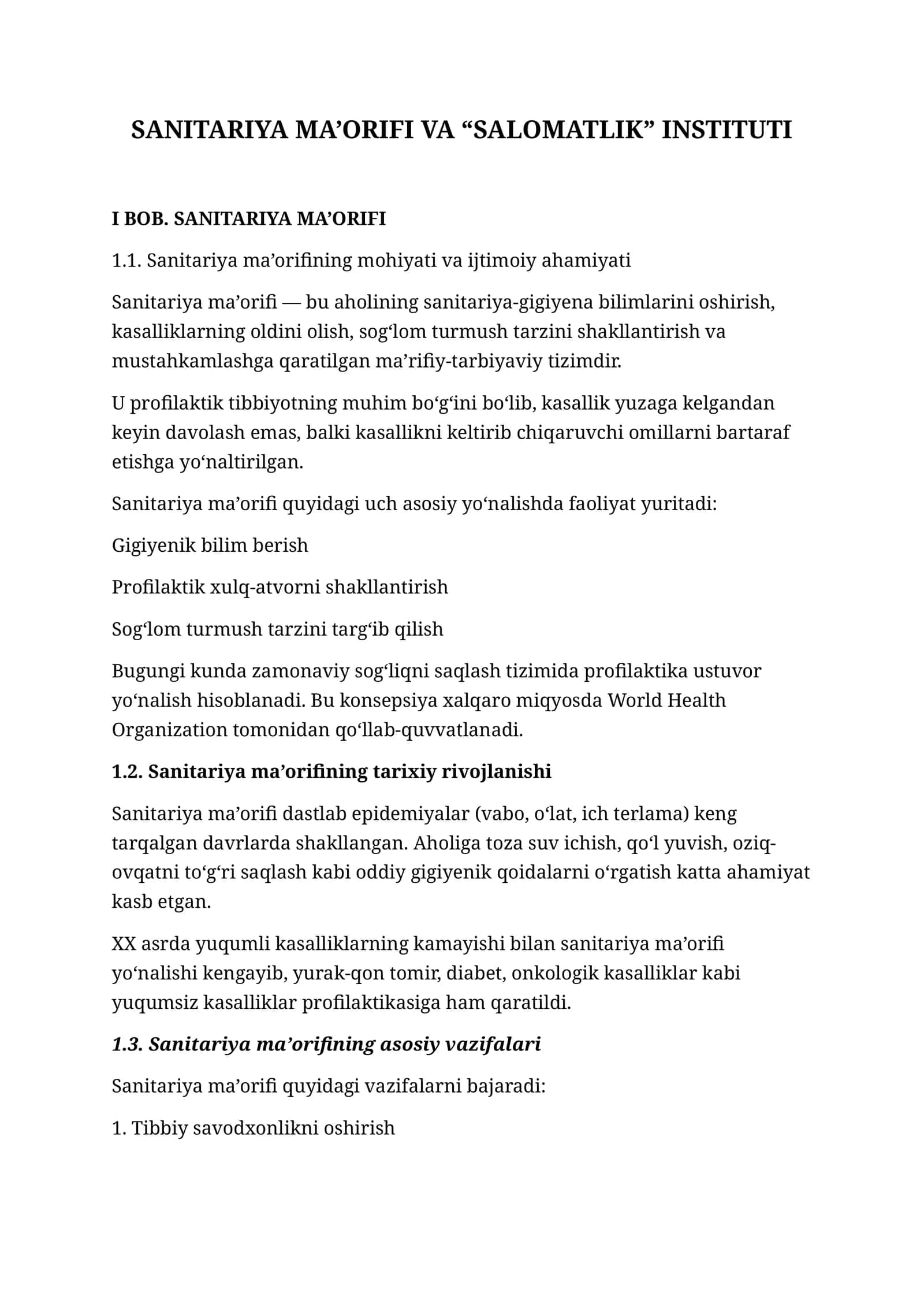 SANITARIYA MA’ORIFI VA “SALOMATLIK” INSTITUTI