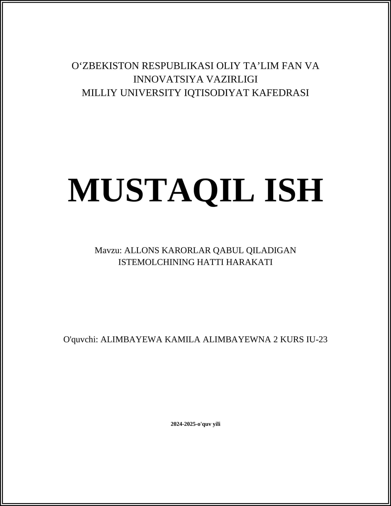 ALLONS KARORLAR QABUL QILADIGAN ISTEMOLCHINING HATTI HARAKATI