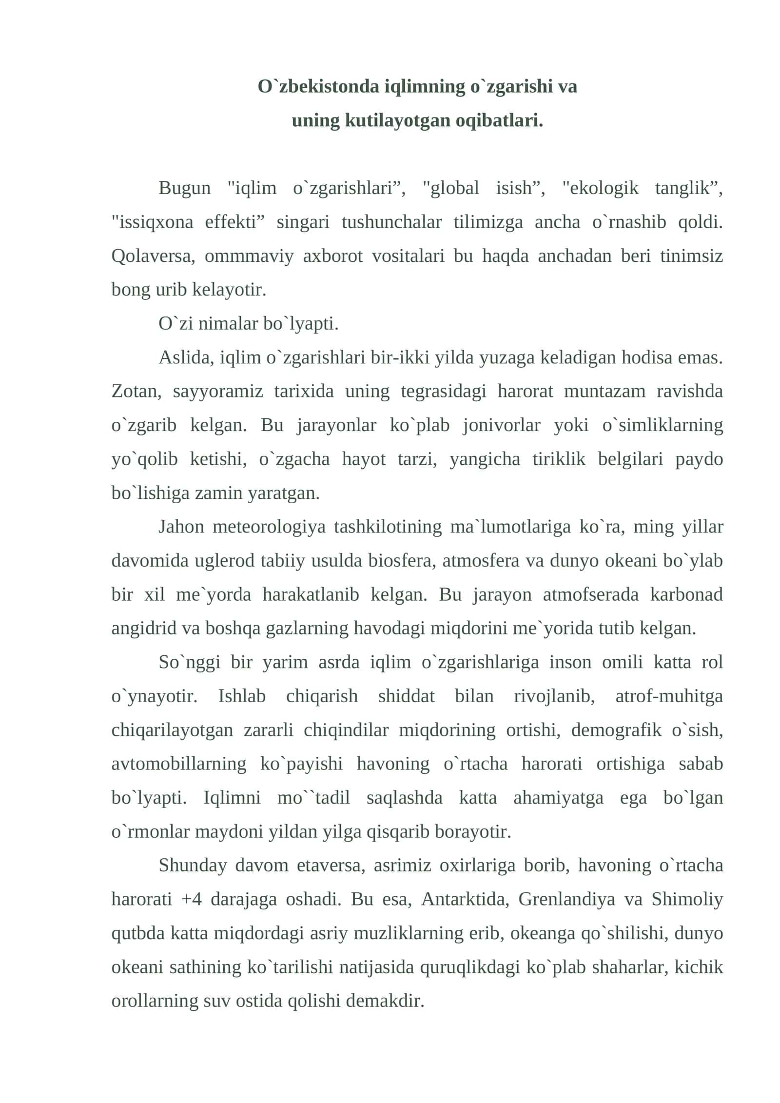 Iqlimning o`zgarishi va uning oqibatlari