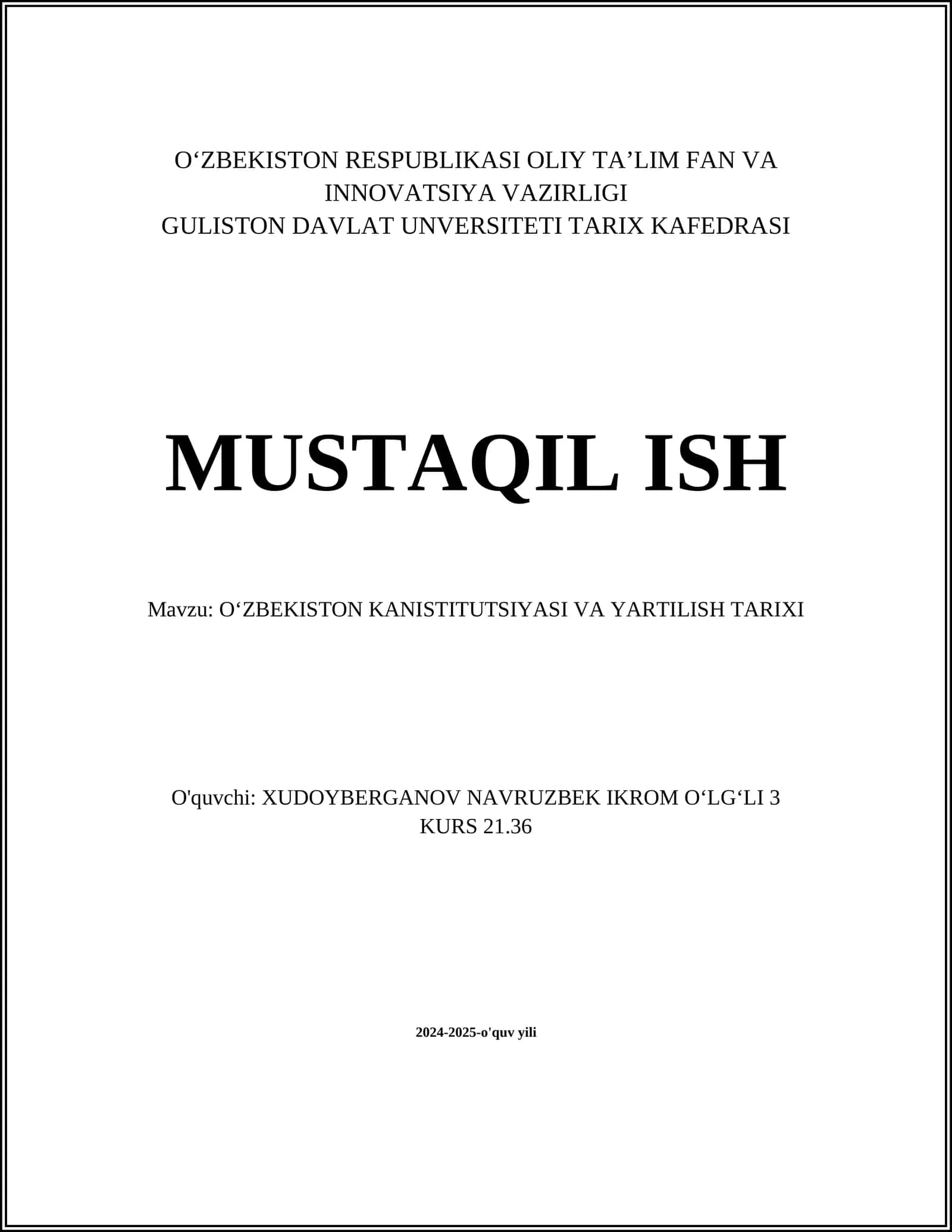 Oʻzbekiston Respublikasi Konstitutsiyasi va Yartilish Tarixi