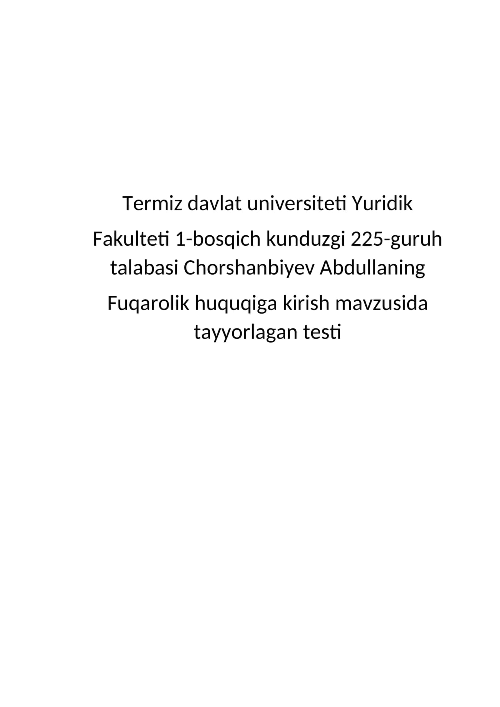 Davlat fuqarolik huquqiy munosabatlarining subyekti sifatida