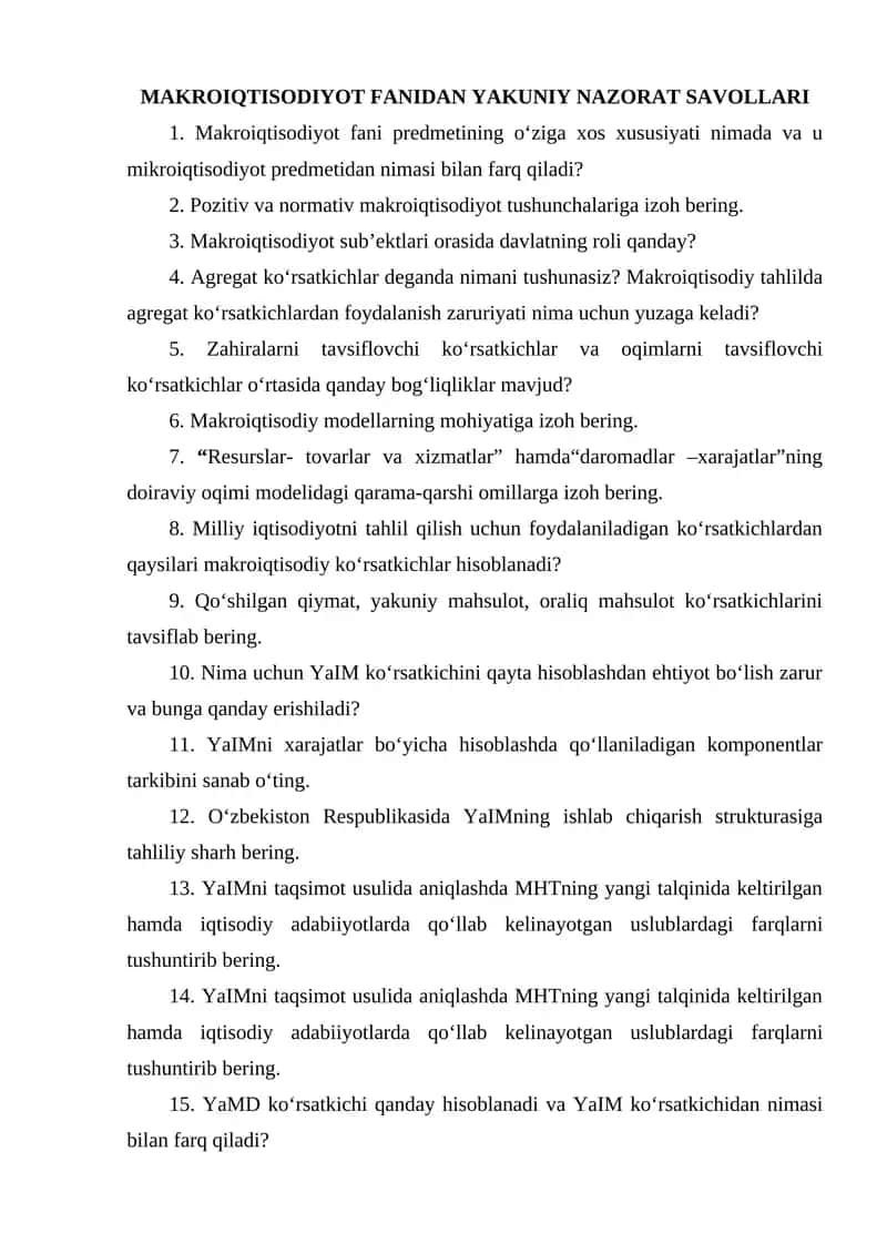 MAKROIQTISODIYOT FANIDAN YAKUNIY NAZORAT SAVOLLARI