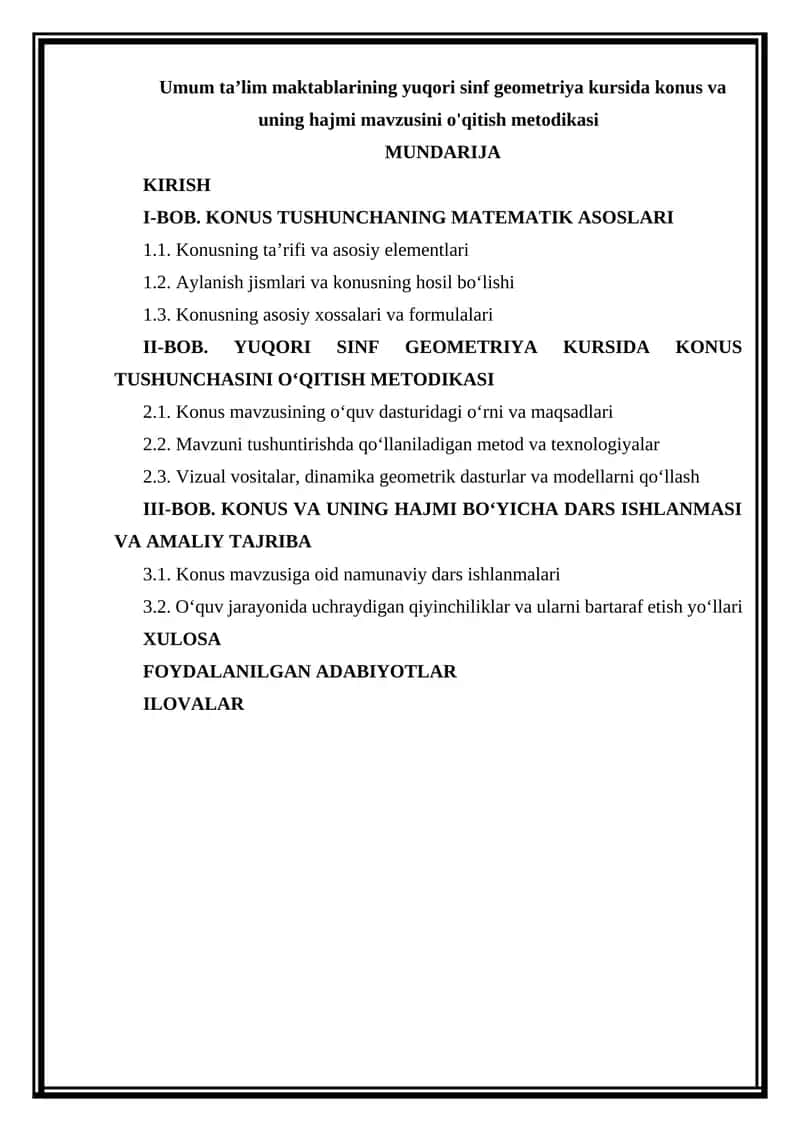 Yuqori sinf geometriya kursida konus va uning hajmi mavzusini o'qitish metodikasi