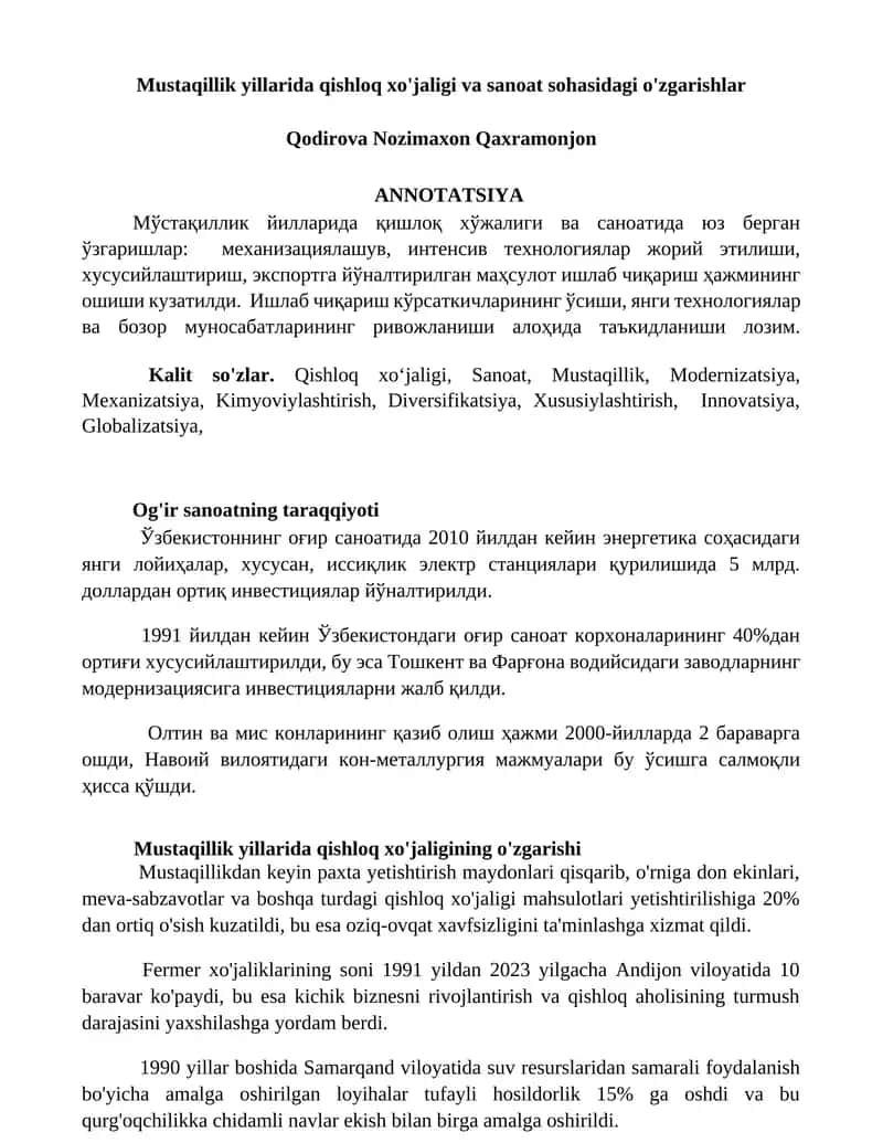 Mustaqillik yillarida qishloq xo'jaligi va sanoat sohasidagi o'zgarishlar