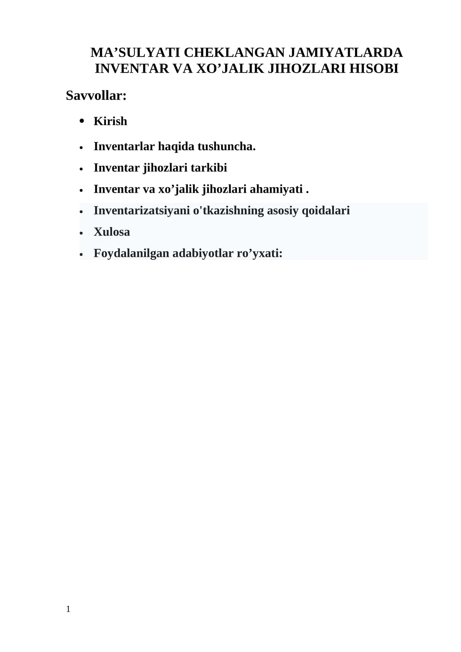 MA’SULYATI CHEKLANGAN JAMIYATLARDA INVENTAR VA XO’JALIK JIHOZLARI HISOBI