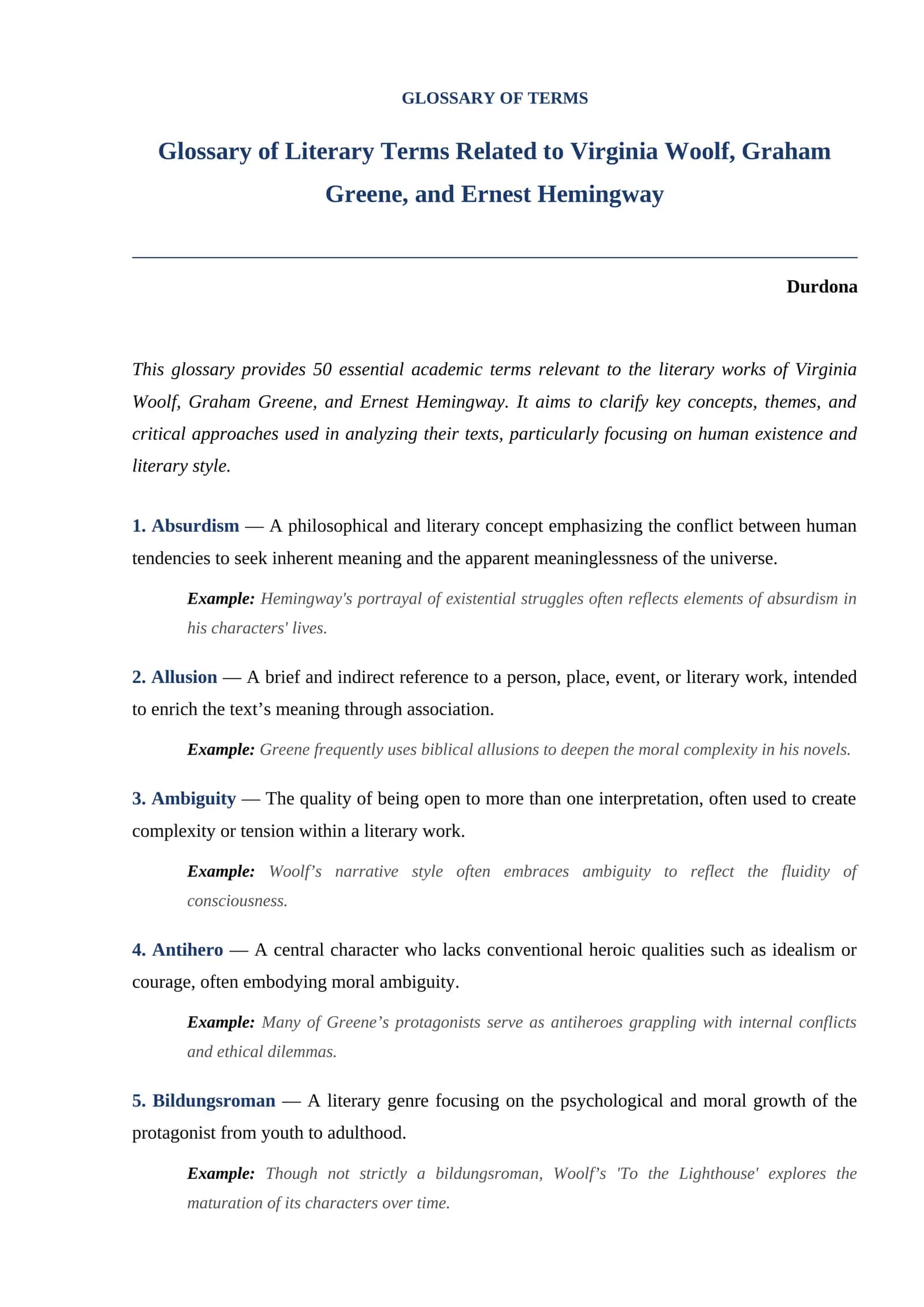 Glossary of Literary Terms Related to Virginia Woolf, Graham Greene, and Ernest Hemingway