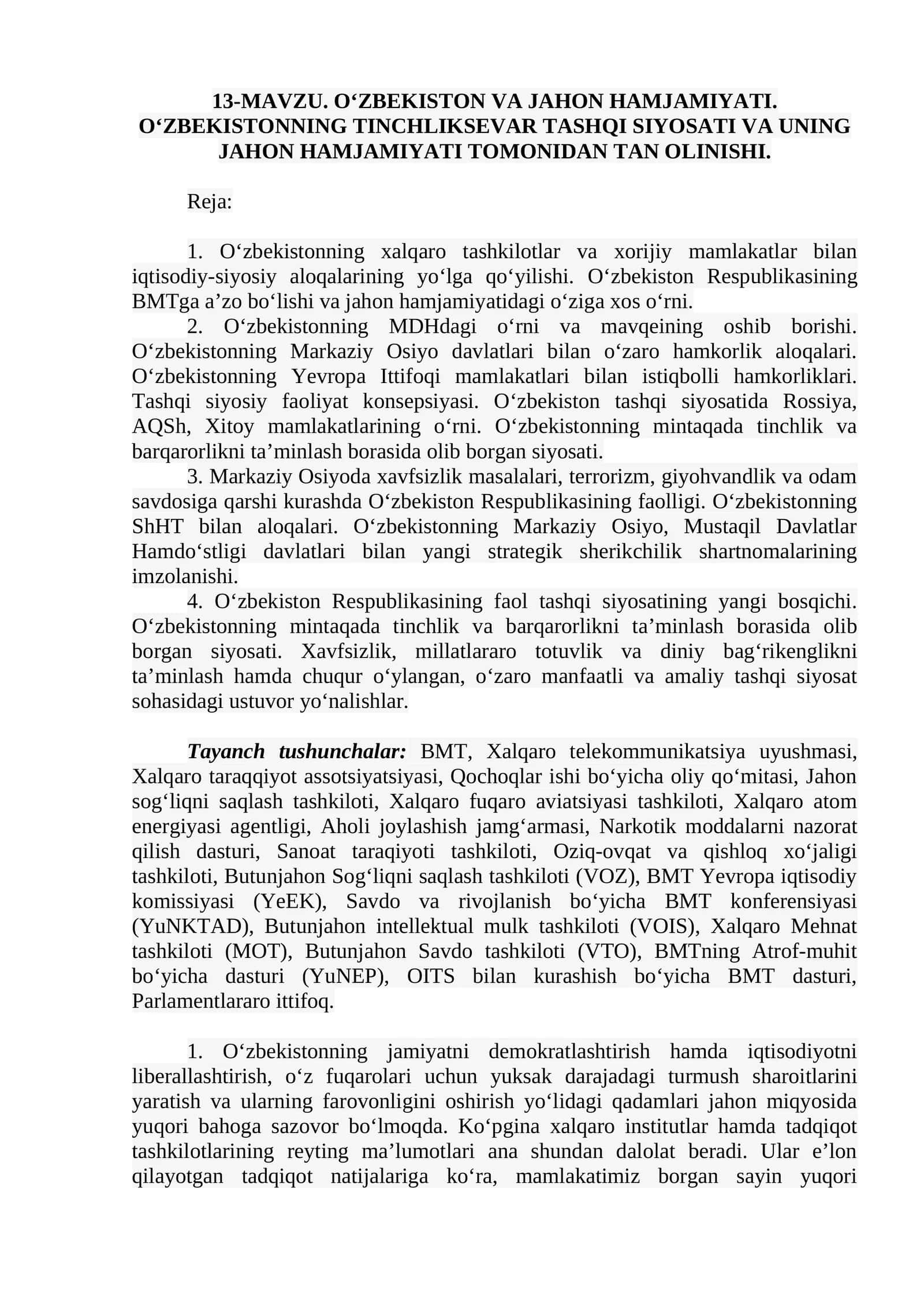 O'ZBEKISTON VA JAHON HAMJAMIYATI. O‘ZBEKISTONNING TINCHLIKSEVAR TASHQI SIYOSATI VA UNING JAHON HAMJAMIYATI TOMONIDAN TAN OLINISHI
