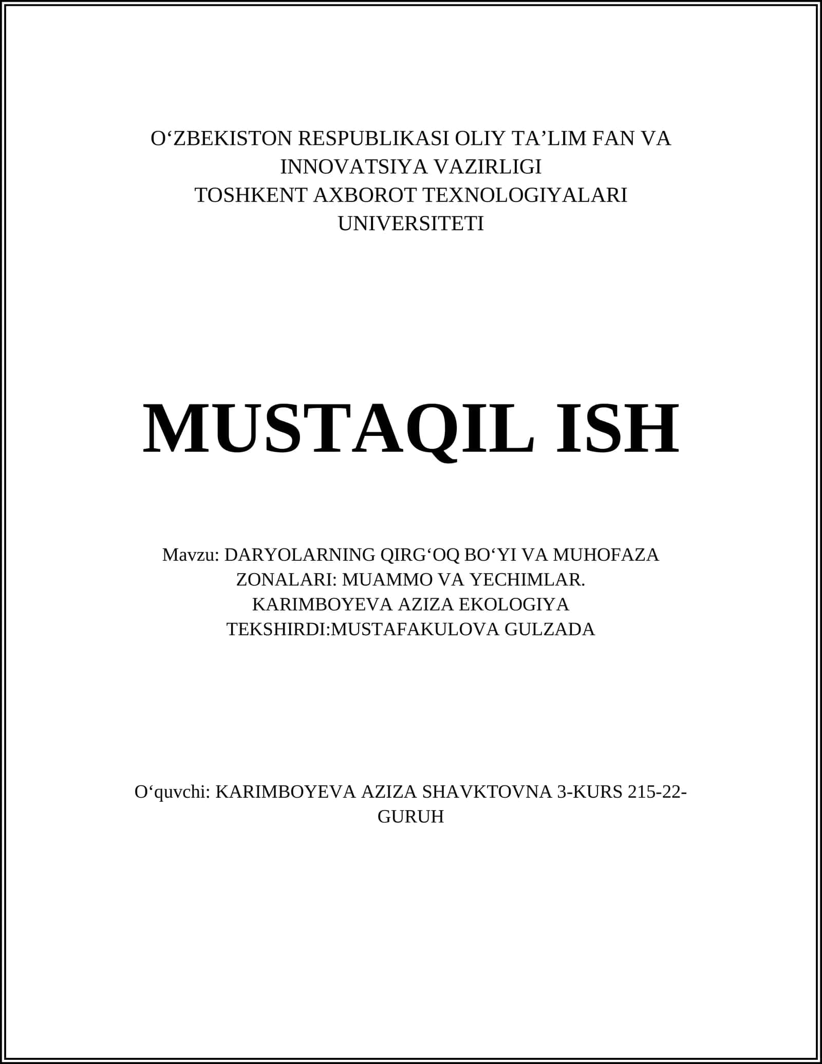 DARYOLARNING QIRG‘OQ BO‘YI VA MUHOFAZA ZONALARI: MUAMMO VA YECHIMLAR