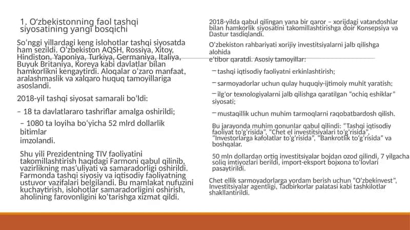 O‘zbekistonning faol tashqi siyosatining yangi bosqichi
