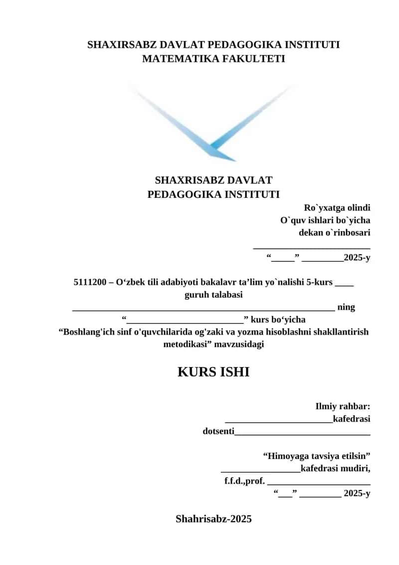 "Boshlang'ich sinf o'quvchilarida og'zaki va yozma hisoblashni shakllantirish metodikasi"
