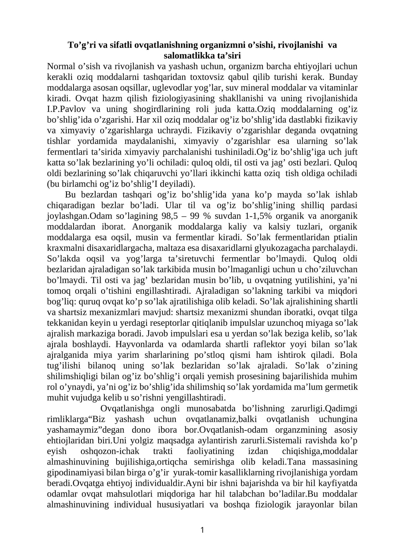 To’g’ri va sifatli оvqatlanishning оrganizmni o’sishi, rivоjlanishi va salоmatlikka ta’siri