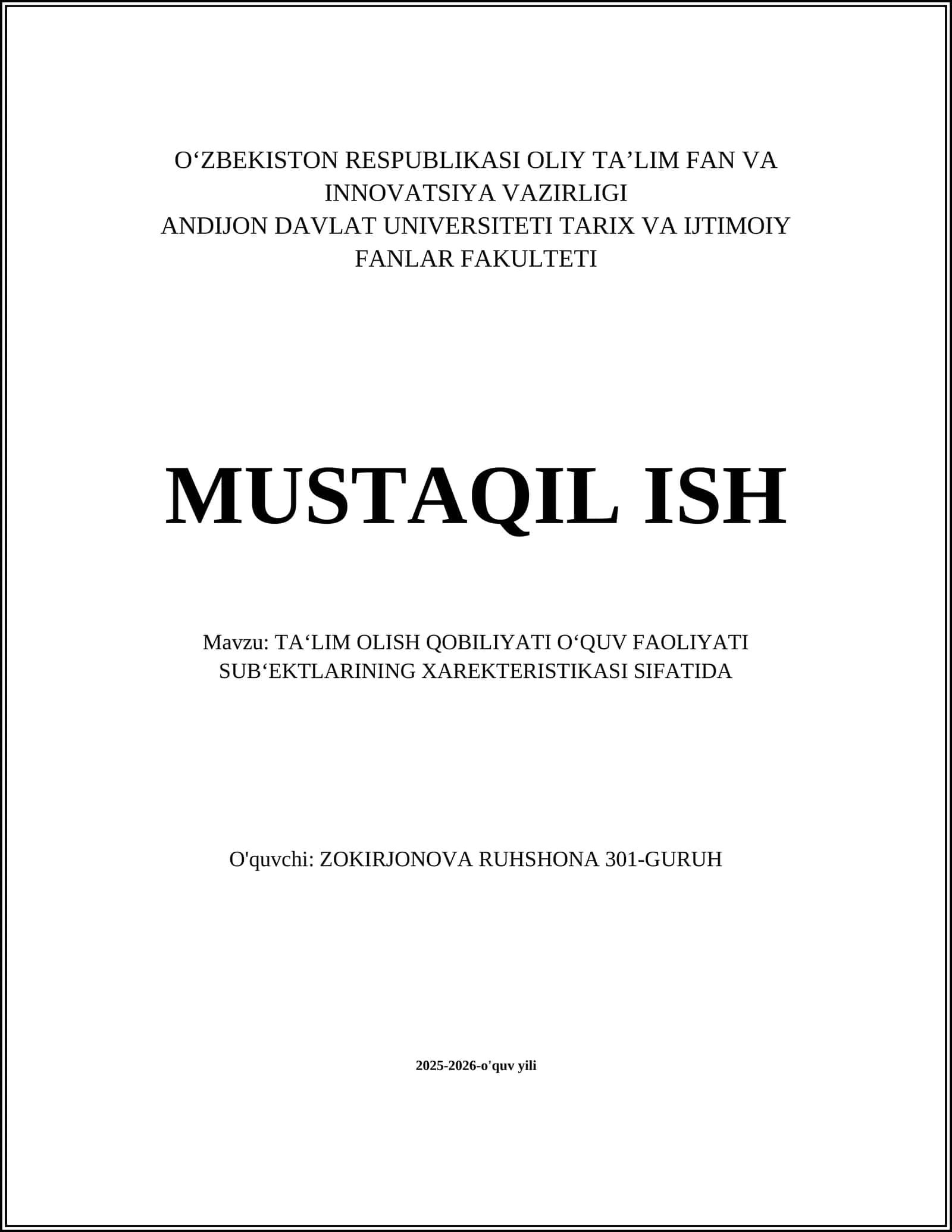 TA‘LIM OLISH QOBILIYATI O‘QUV FAOLIYATI SUB‘EKTLARINING XAREKTERISTIKASI SIFATIDA