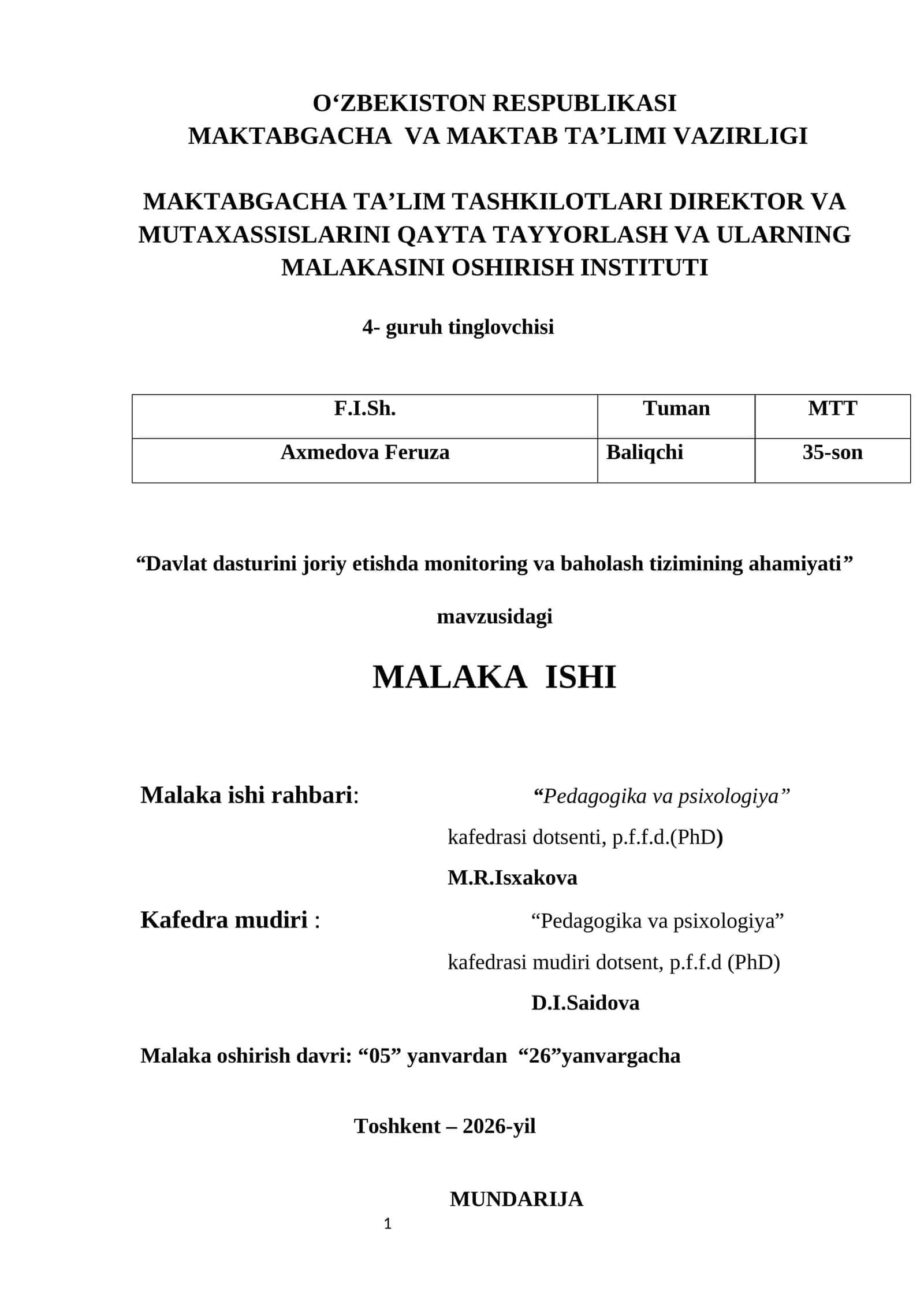 Davlat dasturini joriy etishda monitoring va baholash tizimining ahamiyati