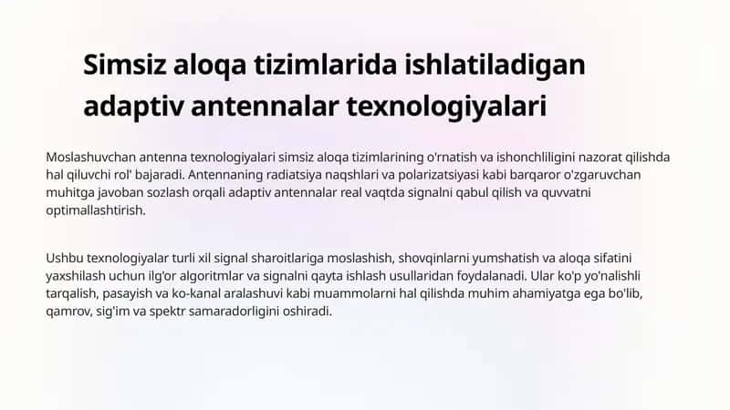 Simsiz aloqa tizimlarida ishlatiladigan adaptiv antennalar texnologiyalari