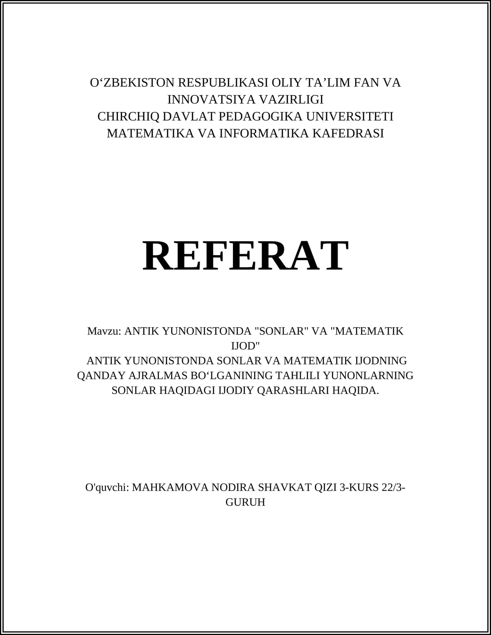 ANTIK YUNONISTONDA "SONLAR" VA "MATEMATIK IJOD"