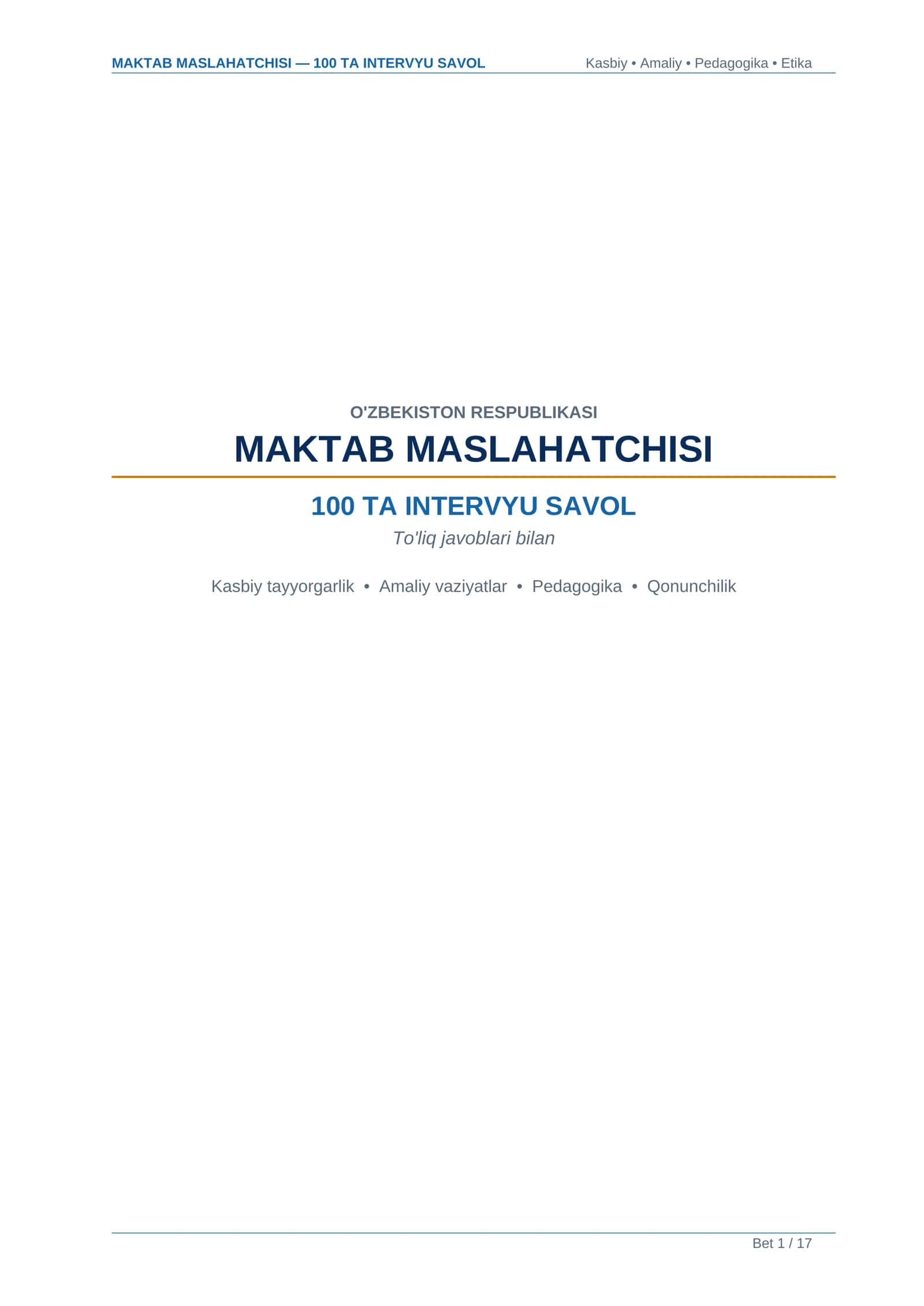 MAKTAB MASLAHATCHISI — 100 TA INTERVYU SAVOL