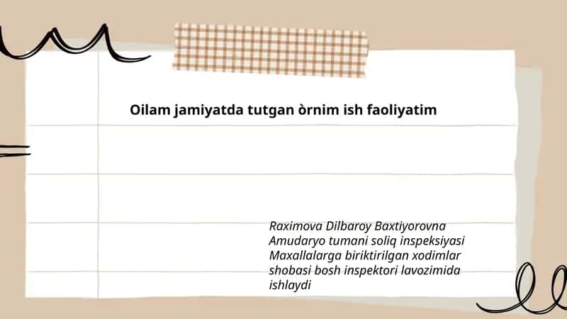 Raximova Dilbaroy Baxtiyorovna Amudaryo Tumani Soliq Inspeksiyasi