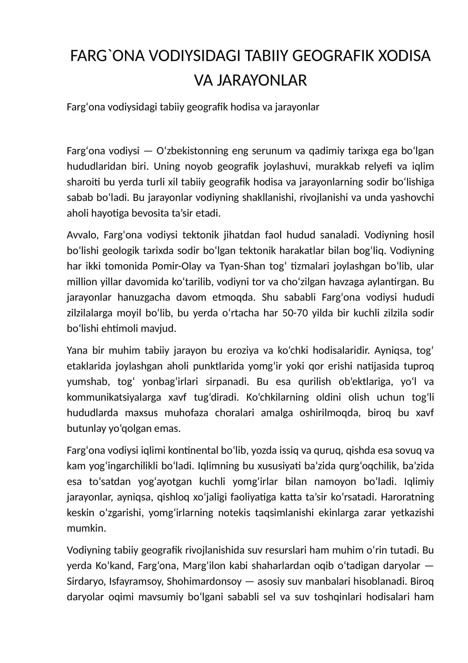 Fargʻona vodiysidagi tabiiy geografik hodisa va jarayonlar