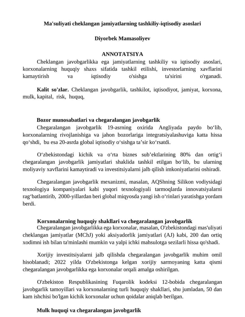 Ma'suliyati cheklangan jamiyatlarning tashkiliy-iqtisodiy asoslari