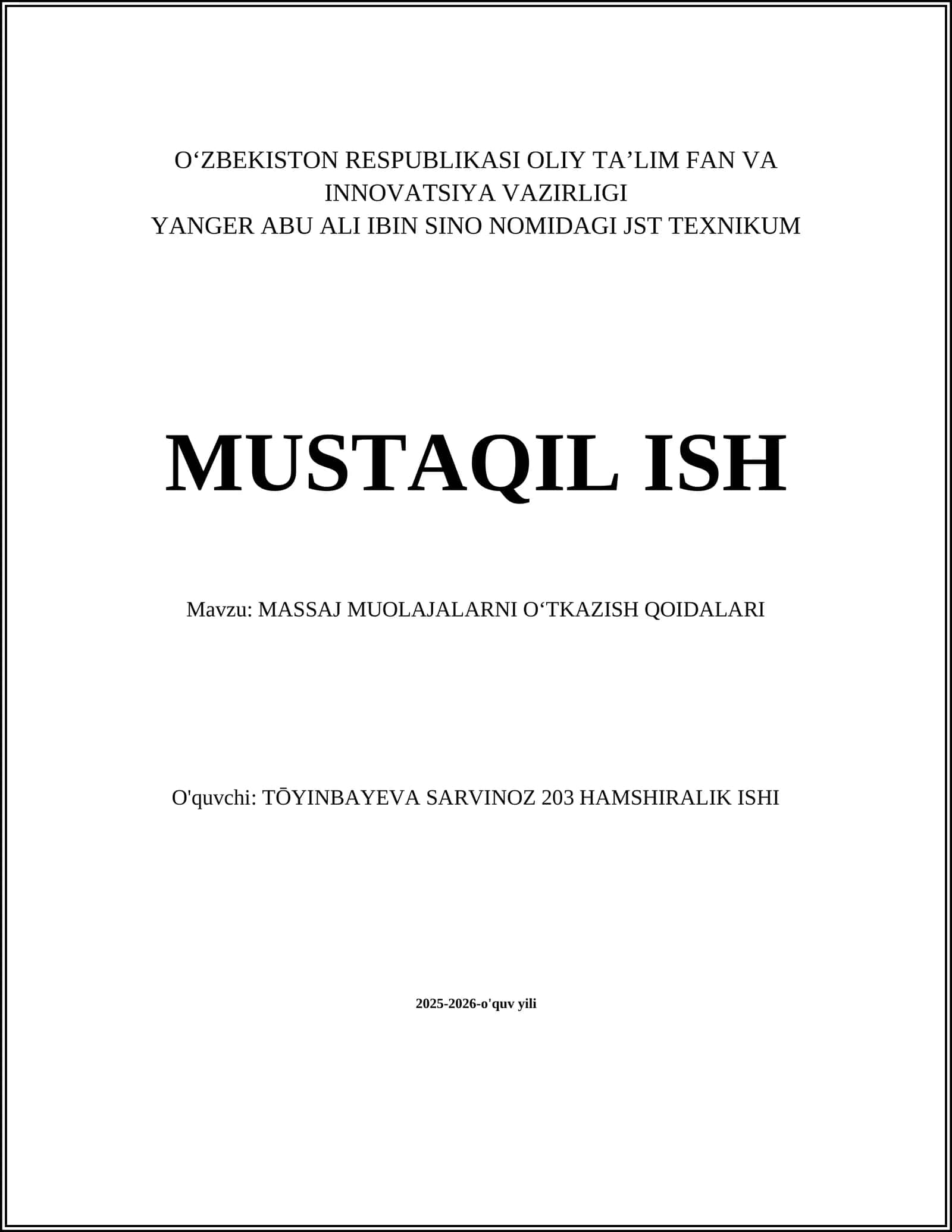 MASSAJ MUOLAJALARNI OʻTKAZISH QOIDALARI
