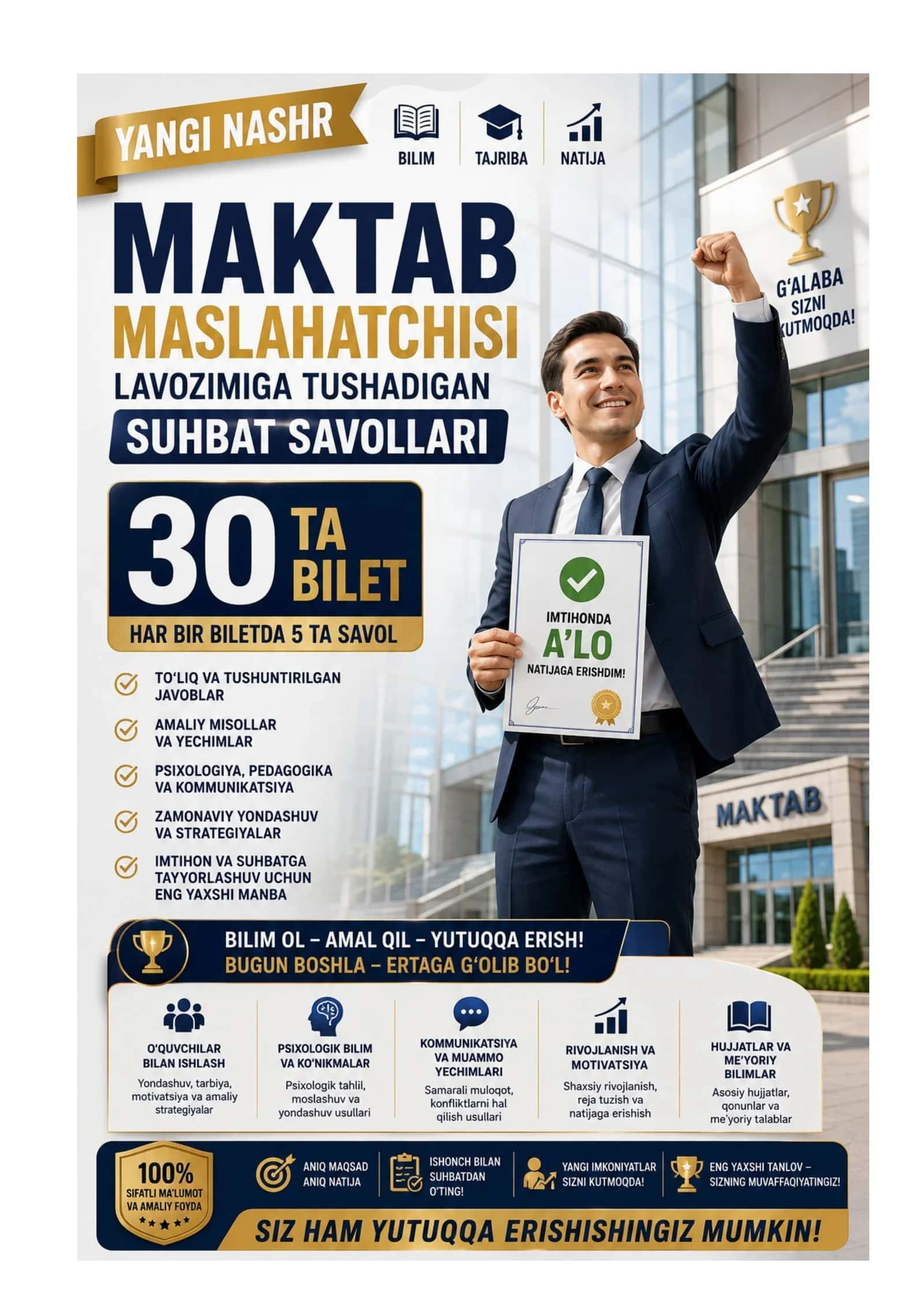 Maktab maslaxatchisi suxbat savollari 200 ta bilet. Jami 1000 ta savol javoblari bilan