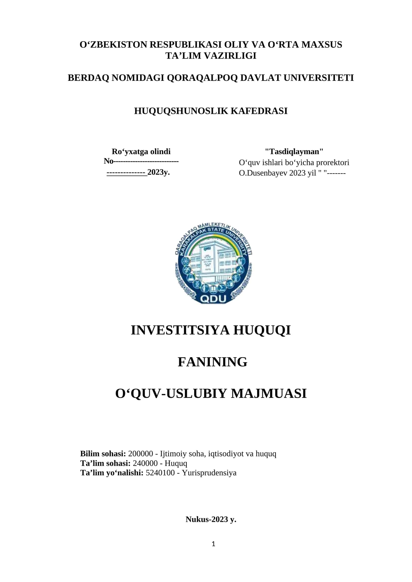 INVESTITSIYA HUQUQI FANINING O‘QUV-USLUBIY MAJMUASI