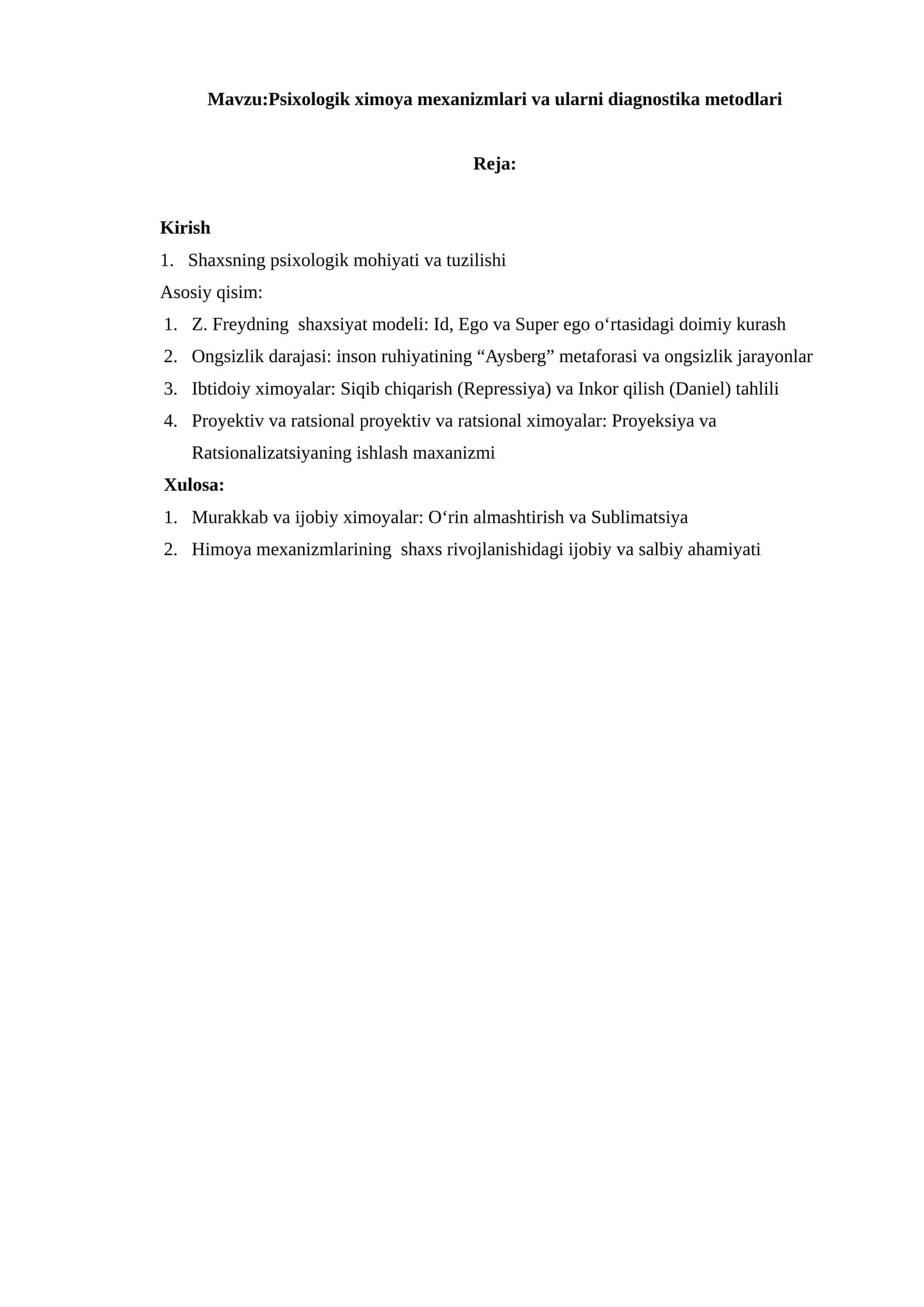 Psixologik ximoya mexanizmlari va ularni diagnostika metodlari