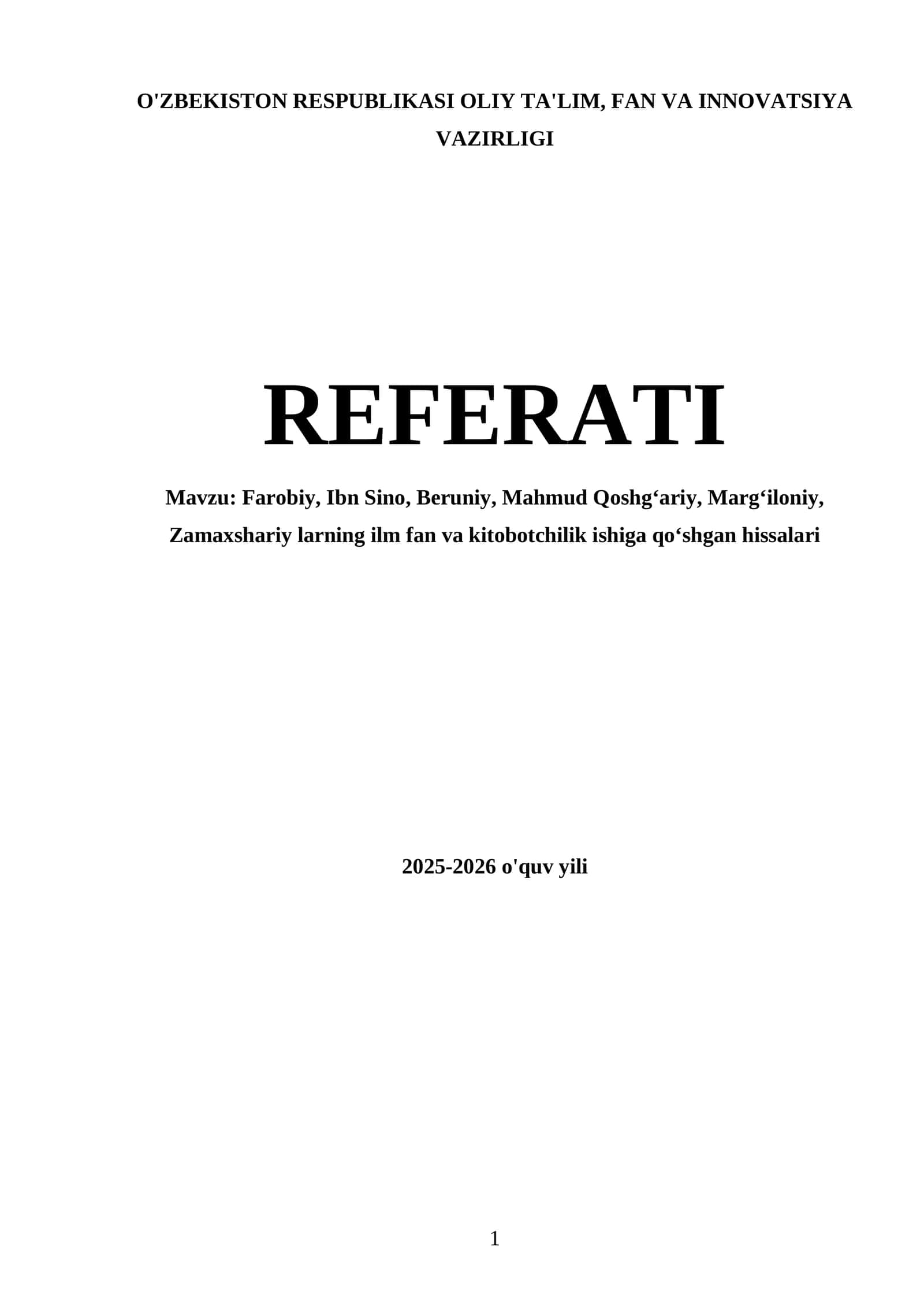 Referat on Farobiy, Ibn Sino, Beruniy, Mahmud Qoshgʻariy, Margʻiloniy, Zamaxshariy