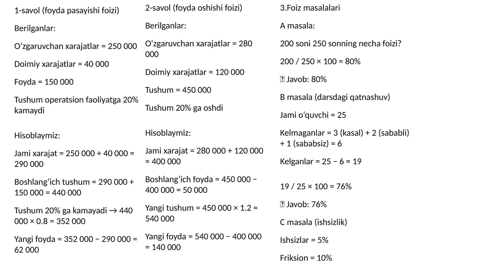 1-savol (foyda pasayishi foizi)